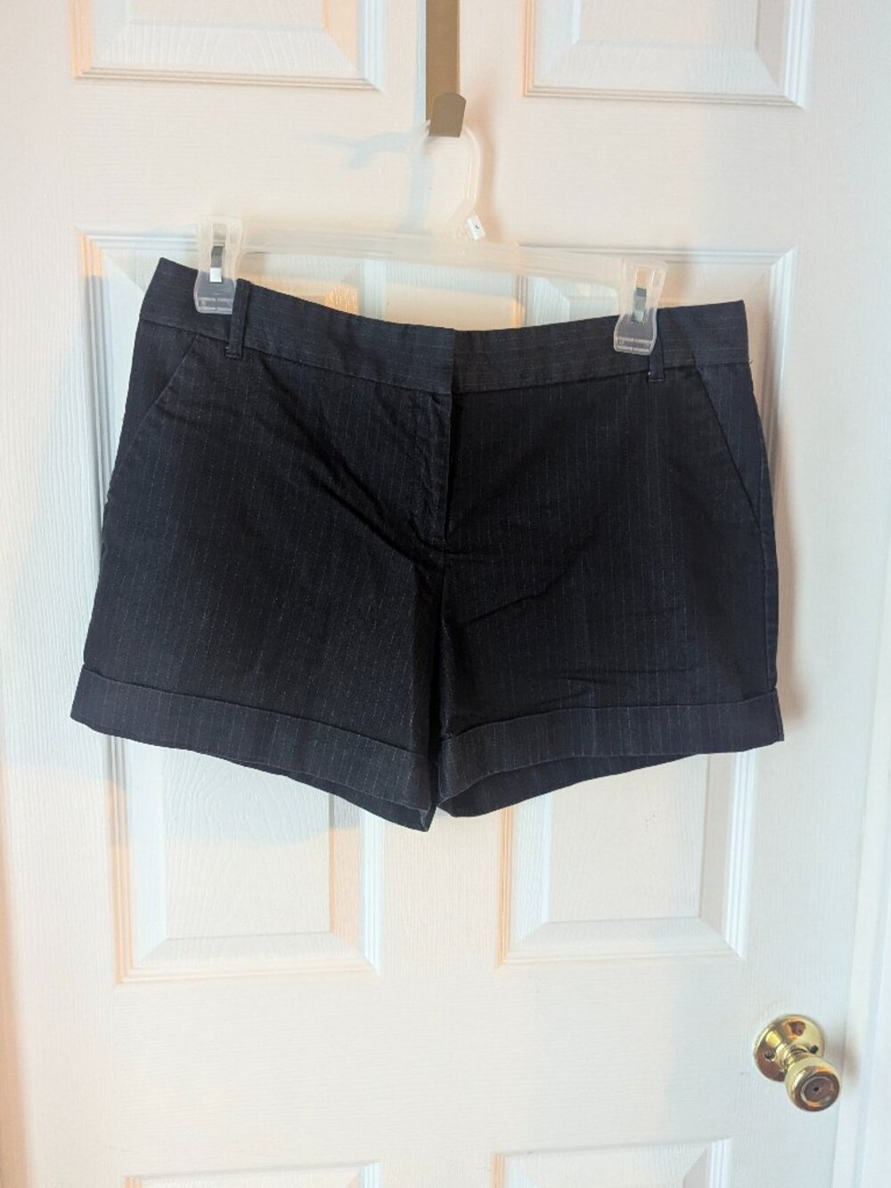 Attention dark wash denim shorts with fine vertical lines - 14
